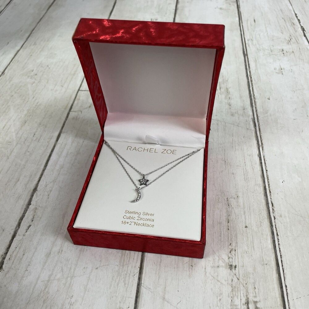2 Layer Sun & Moon Sterling Silver W/ Cubic Zirconia Necklace Rachel Zoe - New - Picture 5 of 7